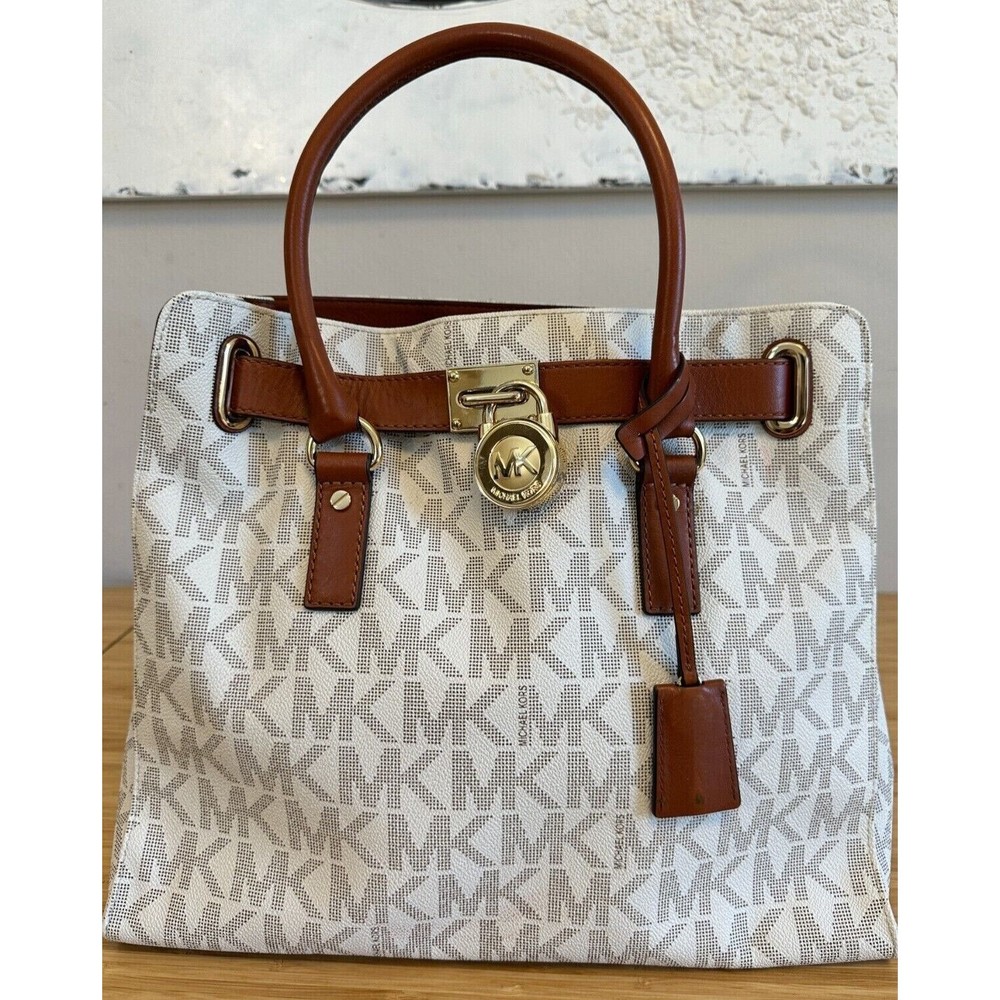 MK Michael Kors Signature Large Hamilton Tote Purse Vanilla Gold lock Retai $348